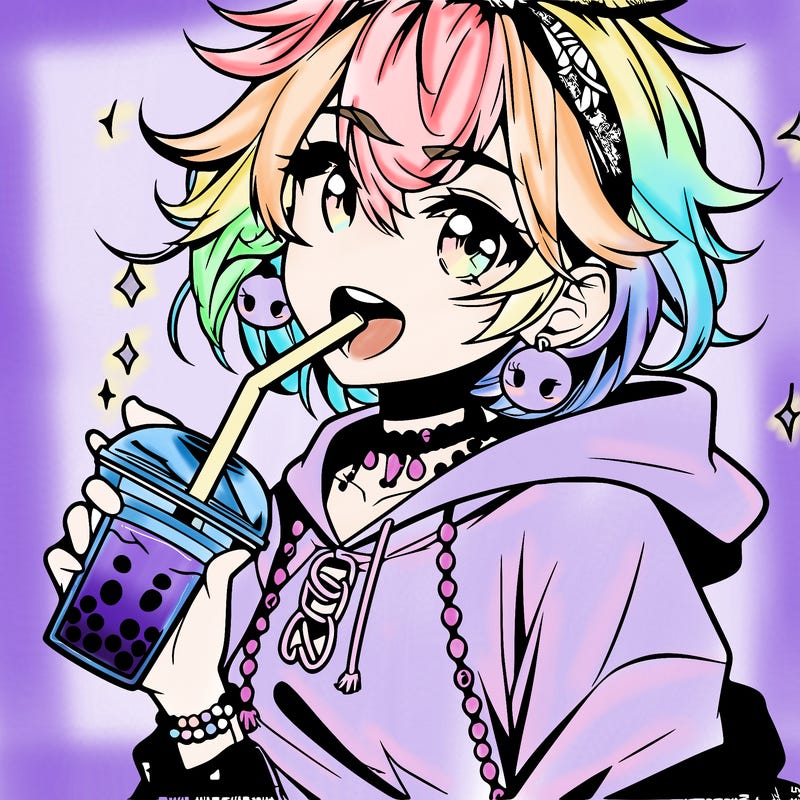 hot baddie anime girl drinking boba and biting the straw