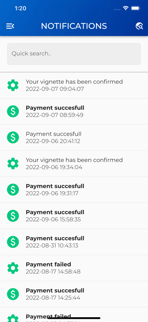 Notifications screen showing payment and vignette confirmation alerts in the CargoTrack app