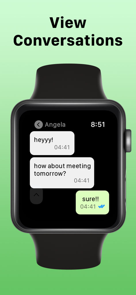 Screenshot of WatchsApp on Apple Watch showing a chat interface with text messages