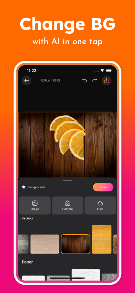 Smartphone screen showing the Background Editor app interface with options to change photo backgrounds using AI