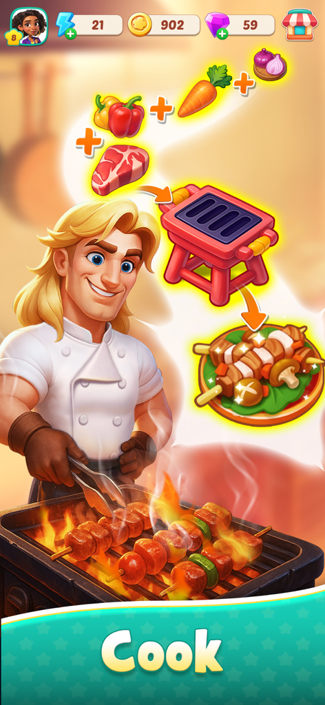 Foodstars: Merge & Cook - A chef preparing grilled skewers by merging ingredients in the Foodstars mobile game