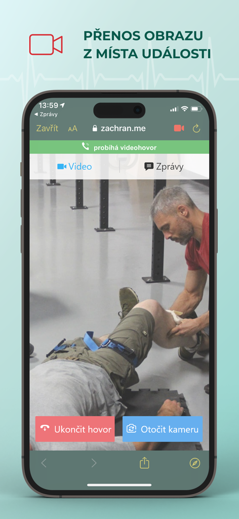 A mobile app interface showing a real-time emergency video call for first aid assistance.