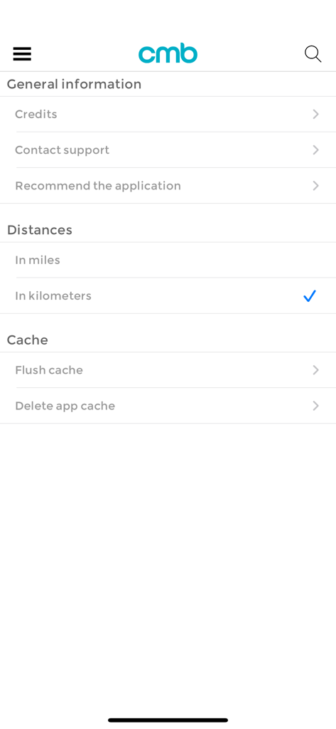 Christian Music Broadcasters - Christian Music Broadcasters app settings screen showing distance units and cache management options