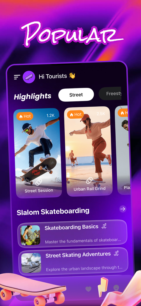 Deckk - Connect, Fun, Chat - Mobile app interface of Deckk showing popular skateboarding street sessions and tutorial lessons