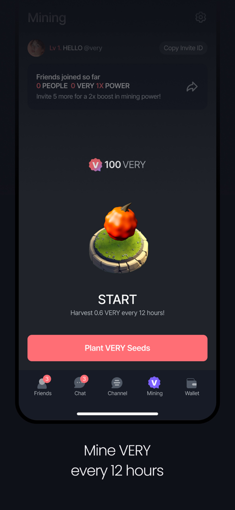 Mobile app screen showing the mining interface of Verychat where users can plant seeds to earn VERY rewards every 12 hours