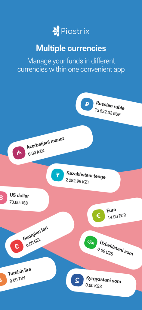 Piastrix app interface displaying multiple currency wallets including Russian ruble US dollar and Euro balances
