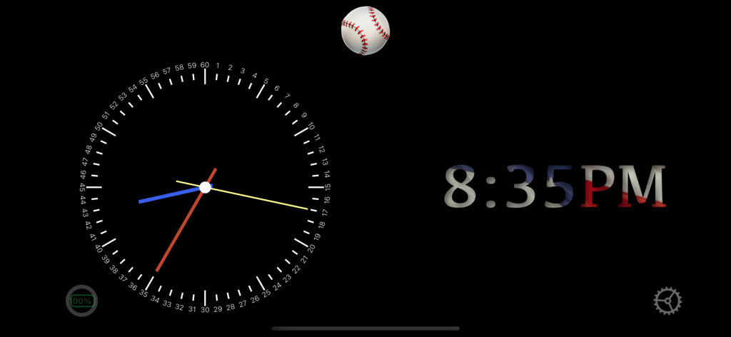 Always On Display - Interfaz de reloj analógico y digital personalizable con emoji de béisbol y estado de batería en una pantalla OLED negra
