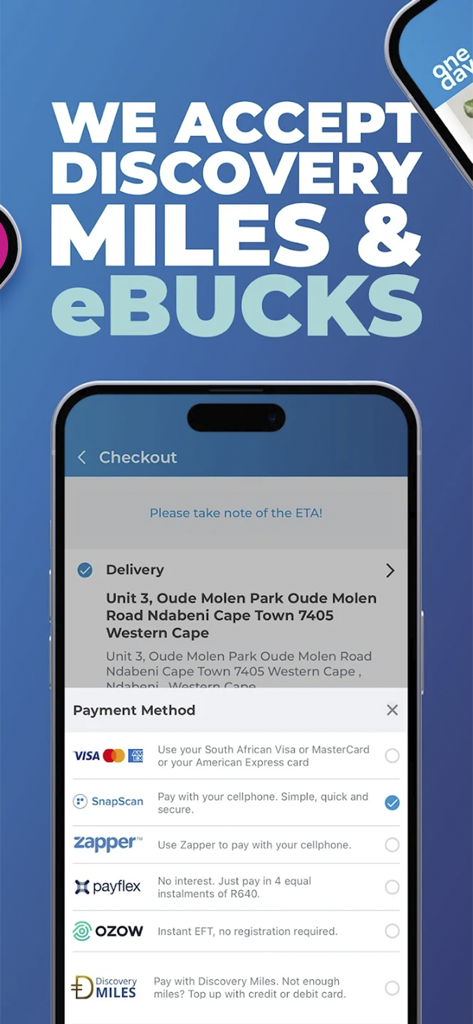 Tela de checkout do aplicativo móvel OneDayOnly mostrando várias opções de pagamento