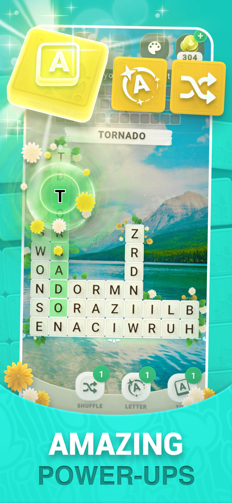 Word Block puzzle game interface featuring power up icons and a scenic lake background