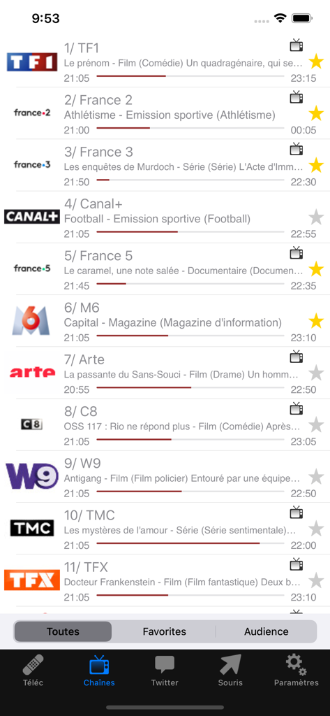 FreeTéléc app interface displaying the French television program guide and live channel list for Freebox users.