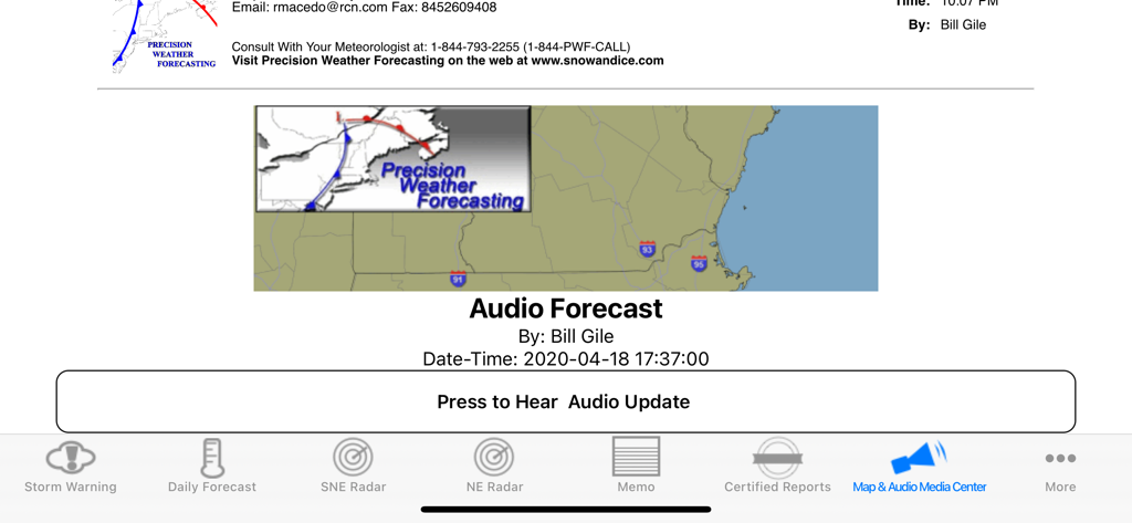 Precision Weather Forecasting - Audio weather forecast interface of the Precision Weather Forecasting app featuring a map of Southern New England and a play button for updates