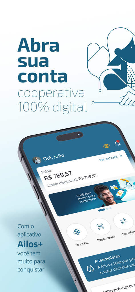 Ailos plus mobile app showing digital banking dashboard and account opening
