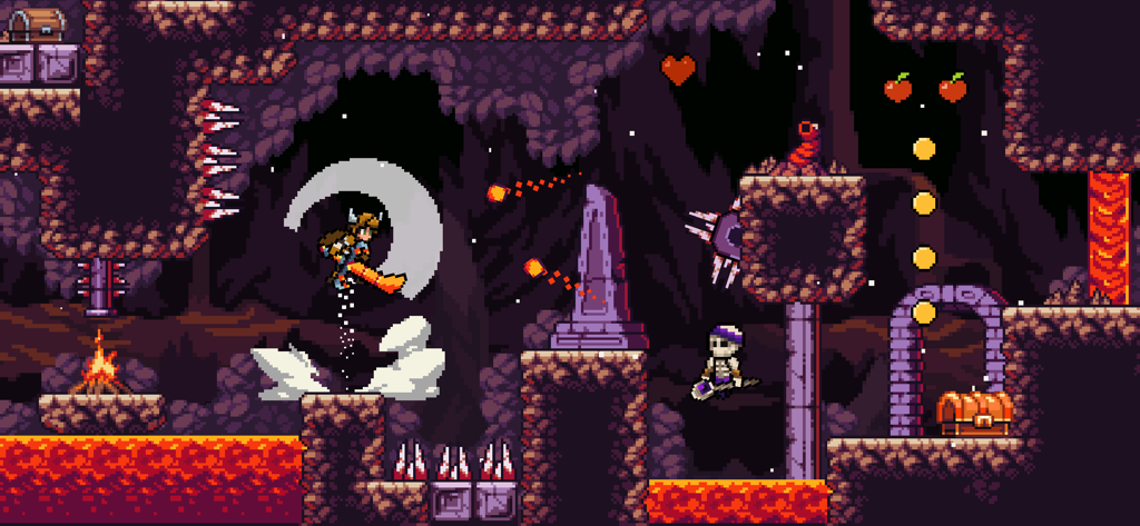 Apple Knight - Personagem de Apple Knight pulando sobre lava e espinhos em um nível de caverna de pixel art