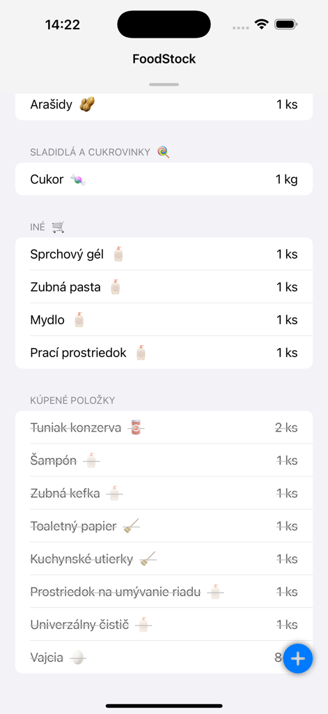 FoodStock - FoodStockアプリのモバイルインターフェースには、タイプ別にカテゴリ分けされたさまざまな食料品や家庭用品の買い物リストが表示されています