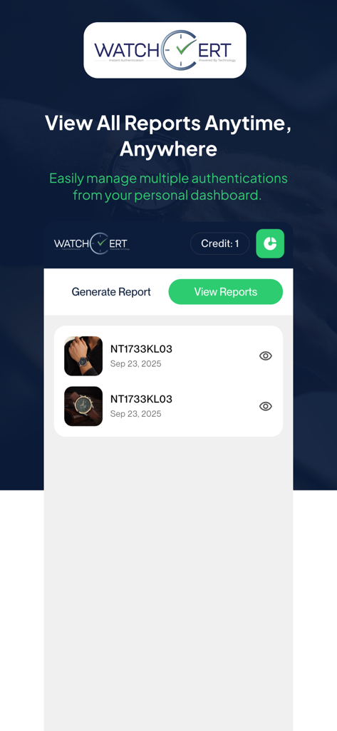 WatchCert: Watch Authenticator - WatchCert app dashboard displaying a list of authenticated watch reports