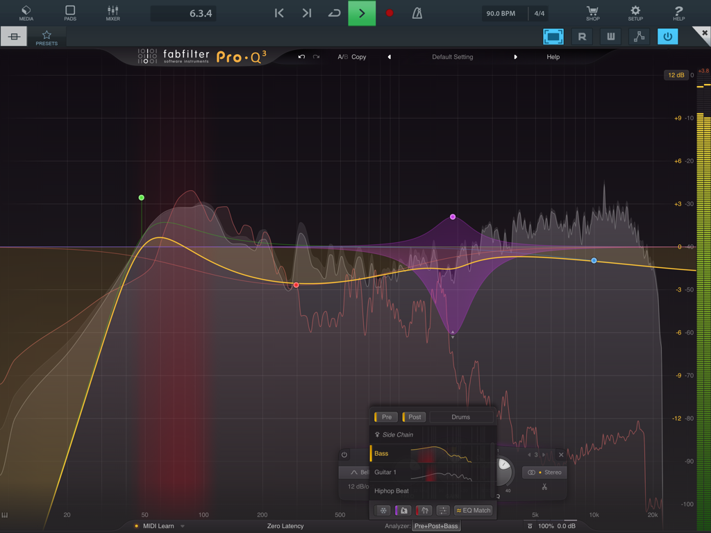 FabFilter Pro-Q 3 - Interface of the FabFilter Pro-Q 3 app on iPad showing a dynamic equalizer with multiple bands and a real-time frequency spectrum analyzer.
