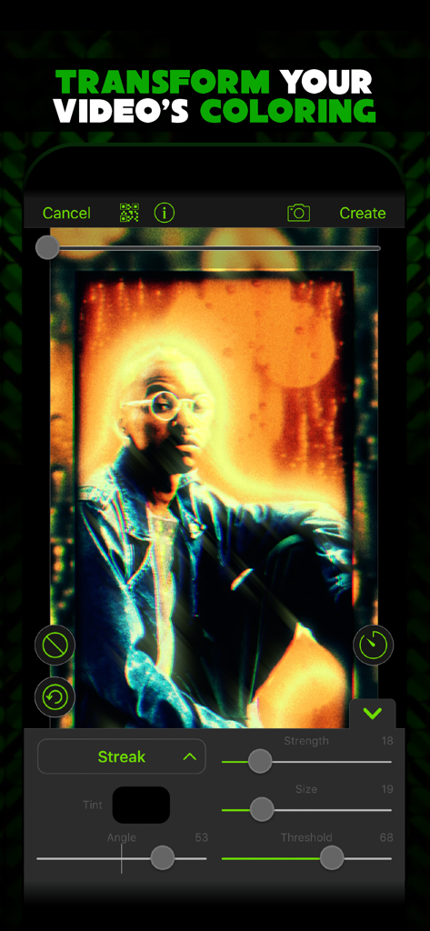 Interfaz de la aplicación móvil Video Star mostrando herramientas avanzadas de coloración de video y efectos de rastro