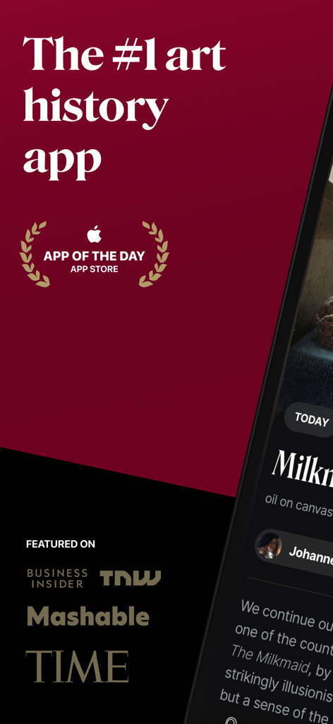 Schermata promozionale dell'app di storia DailyArt con il badge App del Giorno e menzioni da TIME e Business Insider.