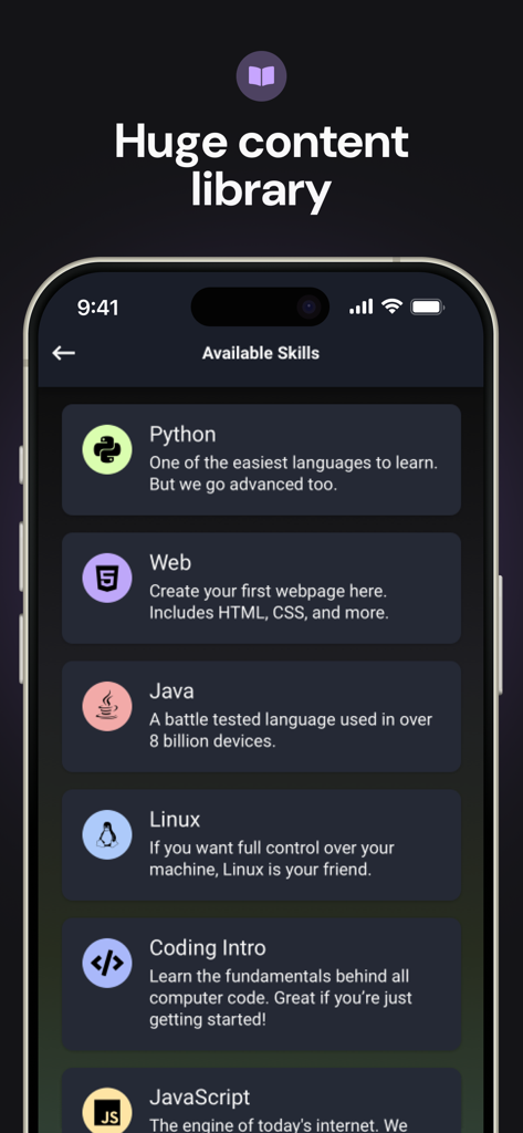 Enki app interface showing a list of available programming courses including Python and Java