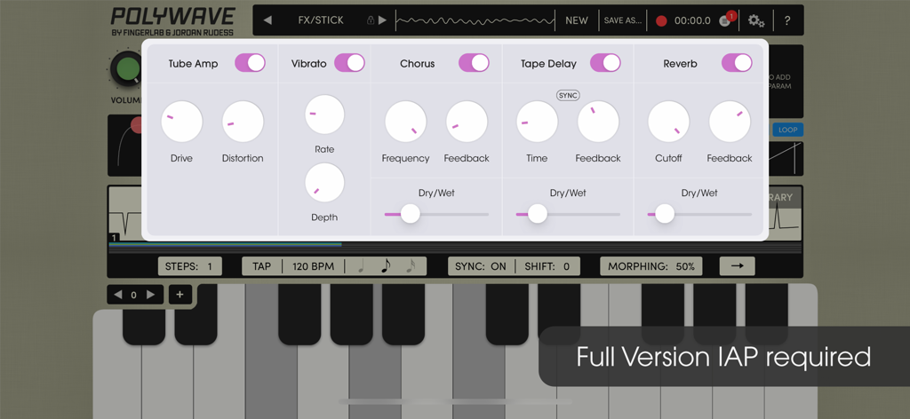 PolyWave - Interface of the PolyWave app showing audio effects controls including Tube Amp, Vibrato, Chorus, Tape Delay, and Reverb