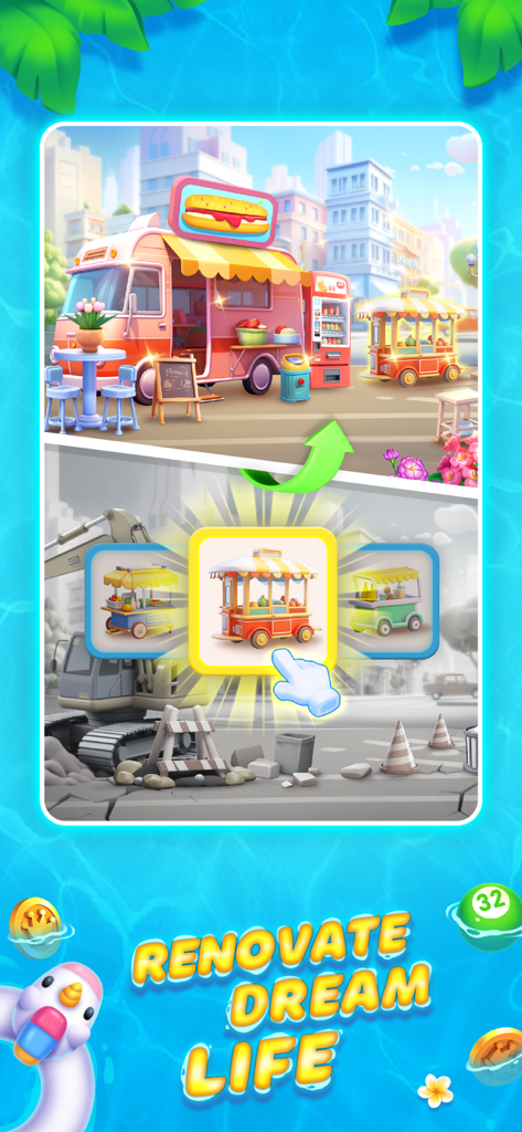 Bingo Island-Fun Family Bingo - ビンゴアイランドの改築ミニゲームで、プレイヤーがフードトラックのストリートシーンの装飾を選択する様子。