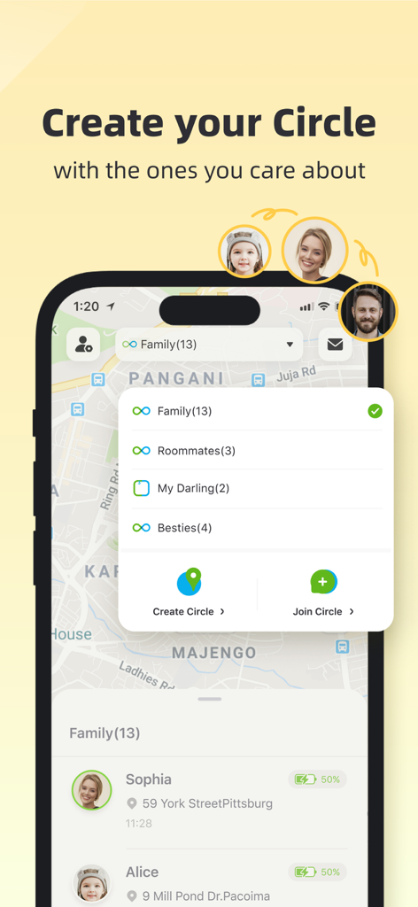 Geonection - Location Tracker - Geonection app screen showing family location circles and member tracking on a map