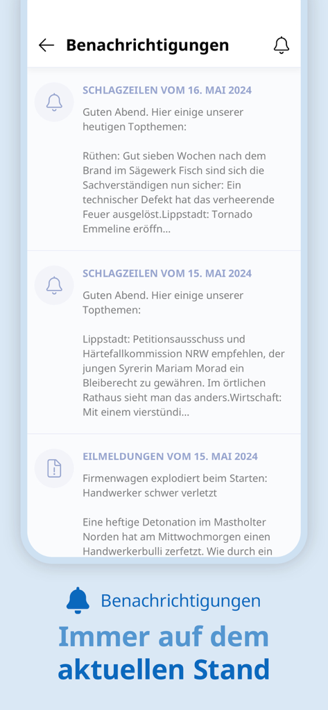 Der Patriot Lippstadt - A mobile app screen showing local news notifications and headlines from Der Patriot Lippstadt.