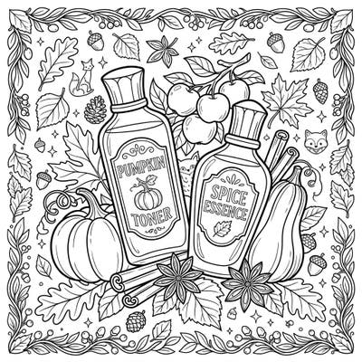 Immerse yourself in the warm hues of fall with this delightful coloring page featuring luxurious autumnal skincare products. Explore charming details of pumpkin, spice, and seasonal foliage ready for your creative touch.