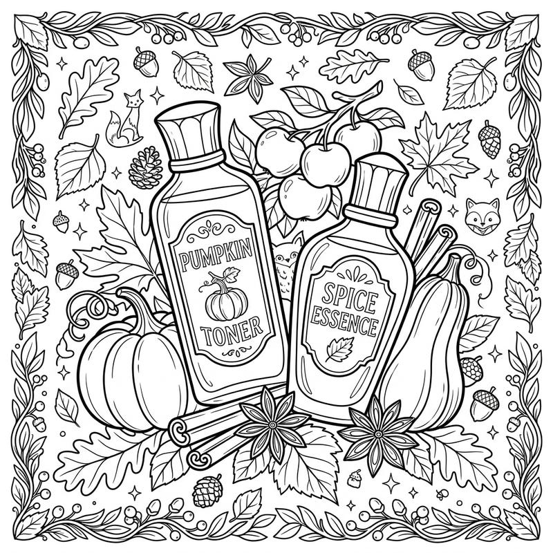 Immerse yourself in the warm hues of fall with this delightful coloring page featuring luxurious autumnal skincare products. Explore charming details of pumpkin, spice, and seasonal foliage ready for your creative touch.