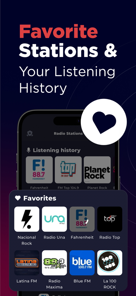 Radio Argentina Online - Interface de l'application Radio Argentine en Ligne montrant les stations de radio préférées et l'historique d'écoute
