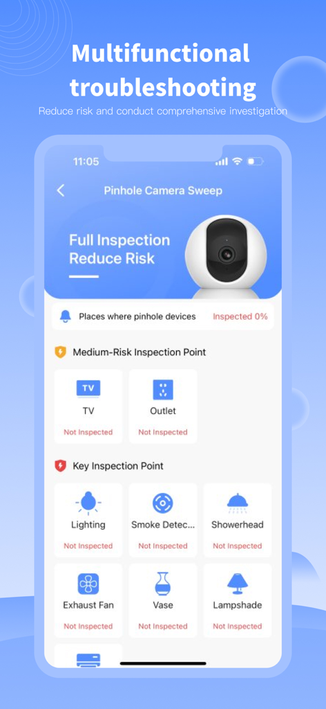 Hidden Camera Detector &Finder - 火災報知器やコンセントなどの一般的な隠し場所のアイコンが表示されたピンホールカメラのスキャンチェックリストを表示するモバイルアプリのインターフェイス
