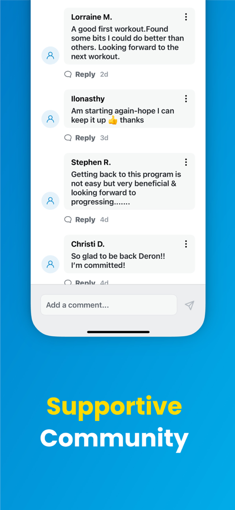 Grow Young Fitness - Mobile app screenshot showing positive user comments and a supportive community for senior fitness.