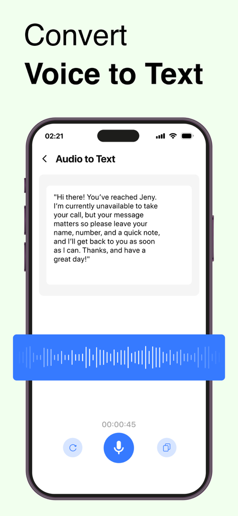 Recover Deleted Messages WARM - Smartphone interface showing a WhatsApp voice message converted to text