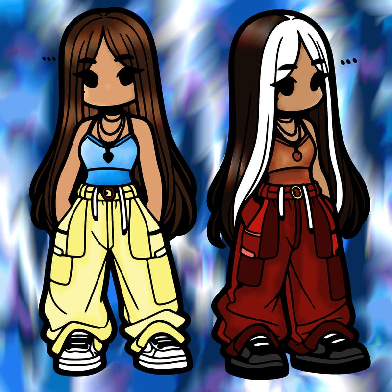 girl in baggy pants crop top and long hair