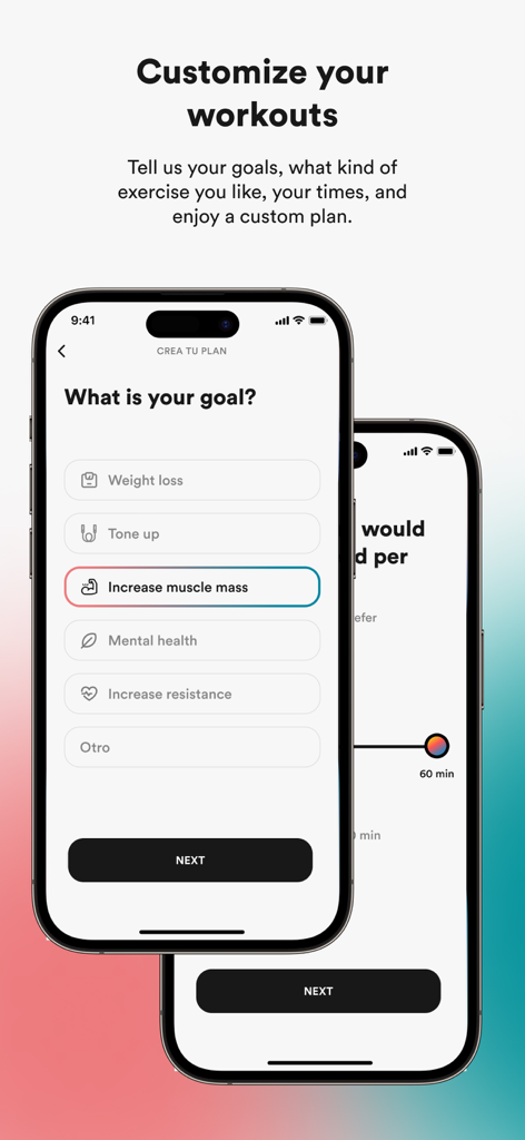 Siclo app interface showing fitness goal selection and time settings for a custom workout plan