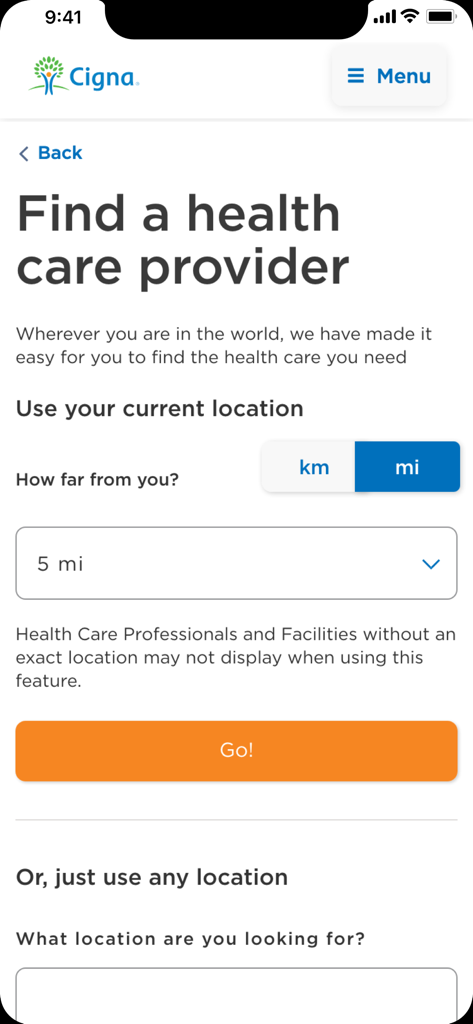 Interface of the Cigna Envoy app showing the Find a health care provider search tool with location and distance options
