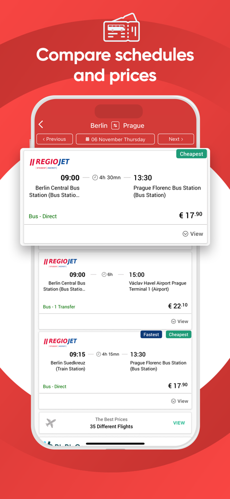 Interfaz móvil de la aplicación Obilet comparando precios y horarios de billetes de autobús y vuelo