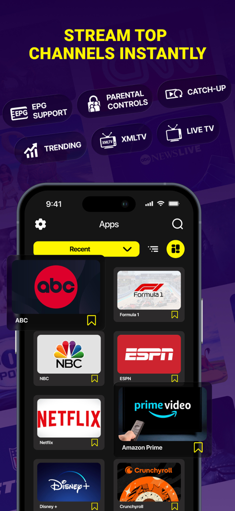 IPTV Smarters Player PRO app interface showing top streaming channels and premium features