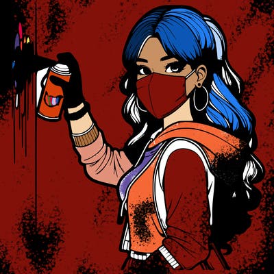 realistic girl with mask spray painting a wall