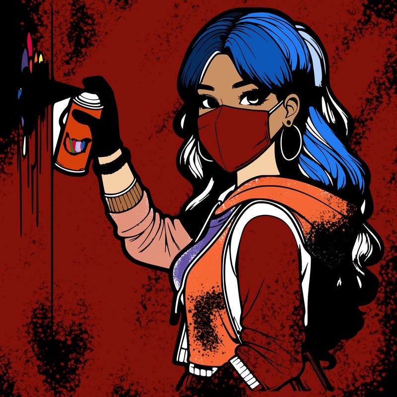 realistic girl with mask spray painting a wall