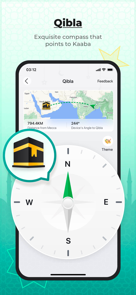 Athan 360: Prayer Times - Athan 360 app showing the Qibla compass feature with direction and distance to the Kaaba