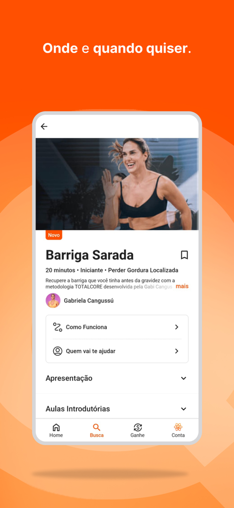 Queima Diária - Treino em Casa - Pantalla de la aplicación de fitness Queima Diaria que presenta el programa de entrenamiento en casa Barriga Sarada para mujeres.
