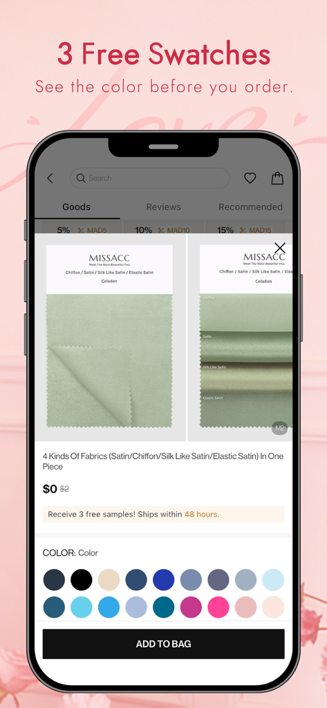 Écran de l'application MISSACC montrant trois échantillons de tissu gratuits et des options de sélection de couleurs pour les robes de soirée