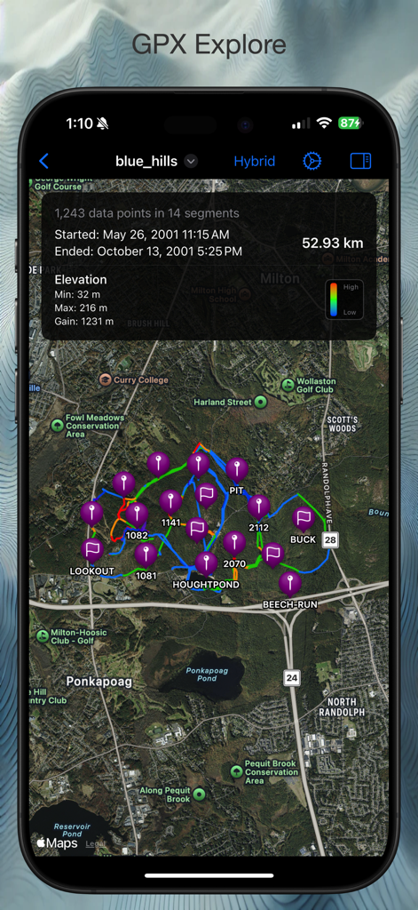 GPXExplore: GPX Track Viewer - GPXExplore app screenshot displaying a hybrid map with elevation gradient tracks and statistics overlay