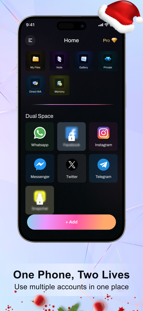 Dual Space app home screen showing social media cloning and private file management features