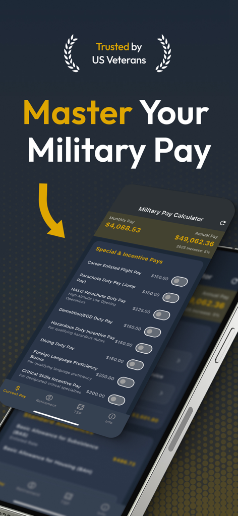US Military Pay Calculator - 미군 급여 계산기 앱 인터페이스, 다크 모드에서 연간 보상 및 특별 임무 수당 표시