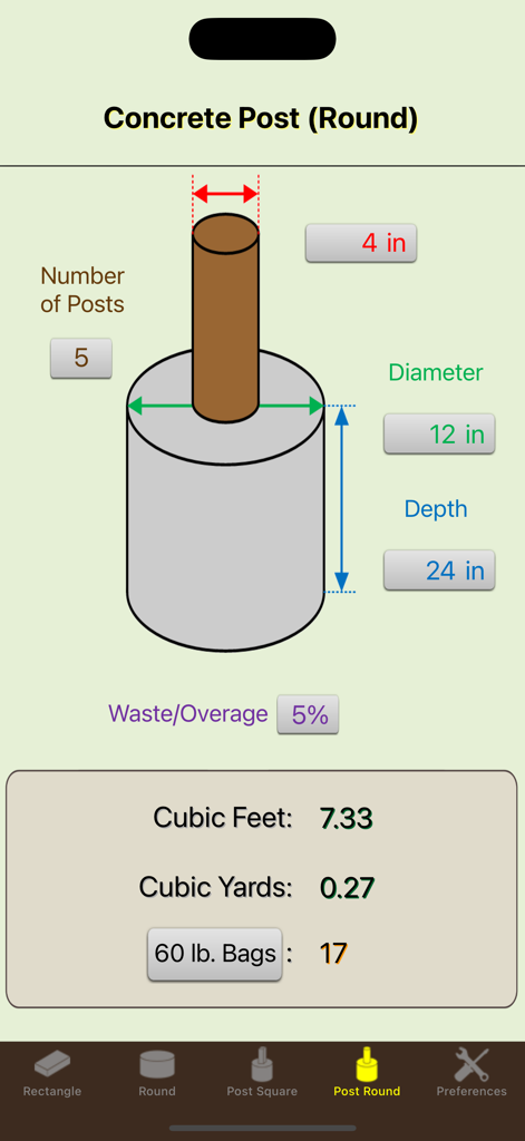 Calculation screen for round concrete posts showing volume and number of bags needed