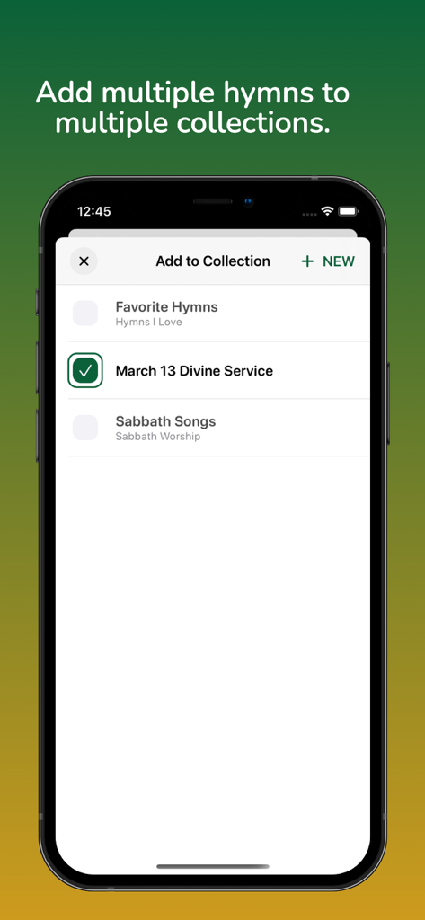 Christ In Song Multi-Language - Interface of Christ In Song app showing the Add to Collection feature to organize Seventh-day Adventist hymns for divine services and sabbath worship