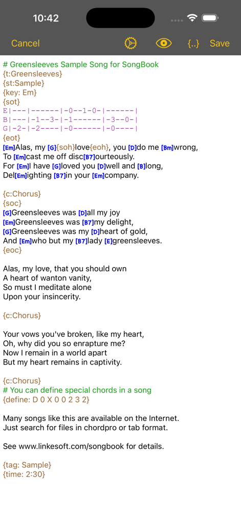 Interfaccia dell'editor SongBook Chordpro che visualizza una canzone con testi e tag di accordi.