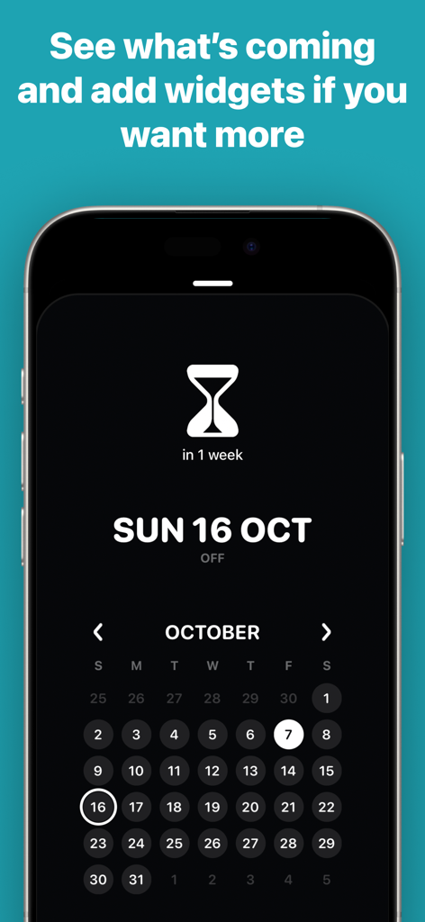 Vista calendario minimalista estetica nell'app Actions To Do List con un'interfaccia in modalità scura.